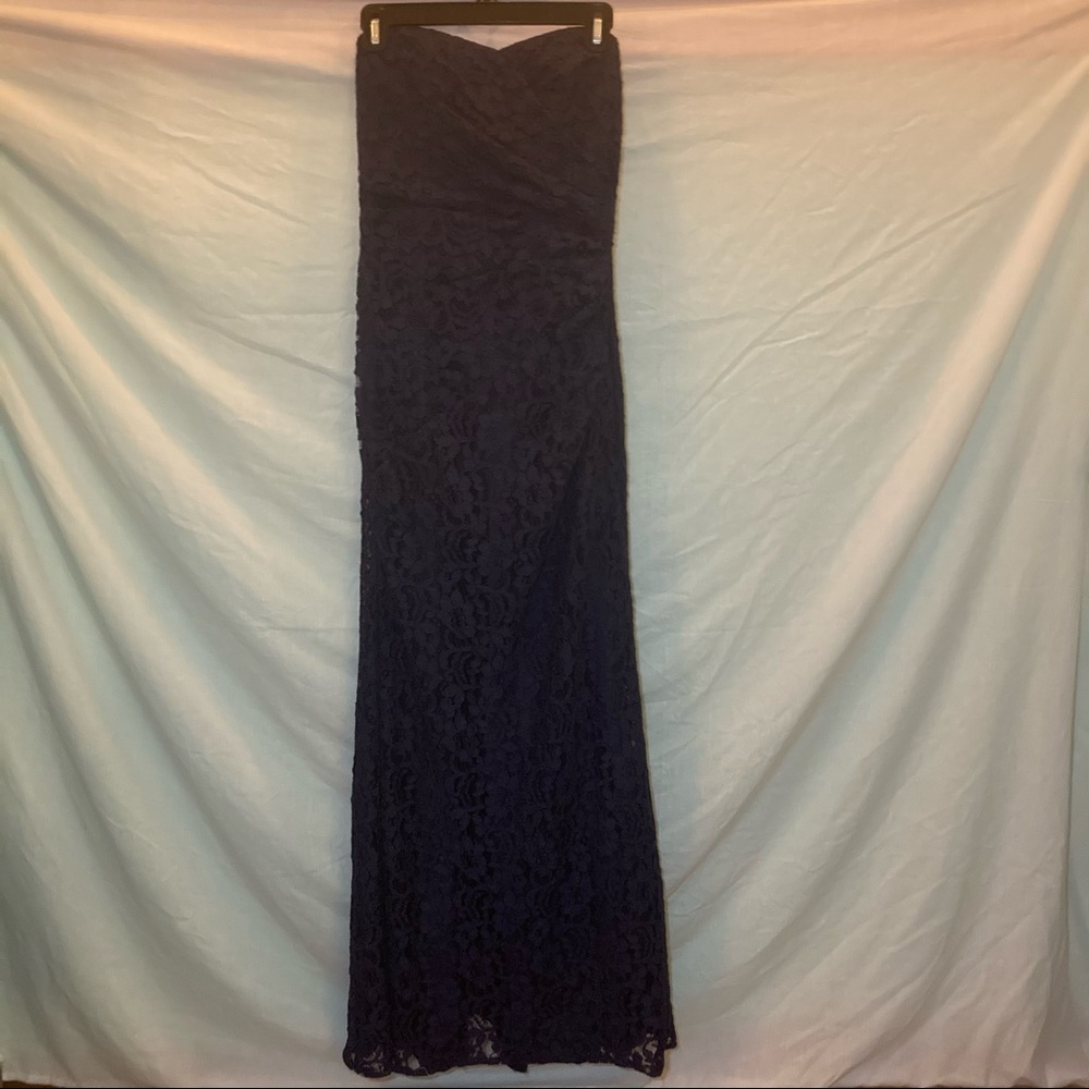 David’s Bridal Long Strapless Lace Flower Dark Blue Dress Sweetheart Neckline